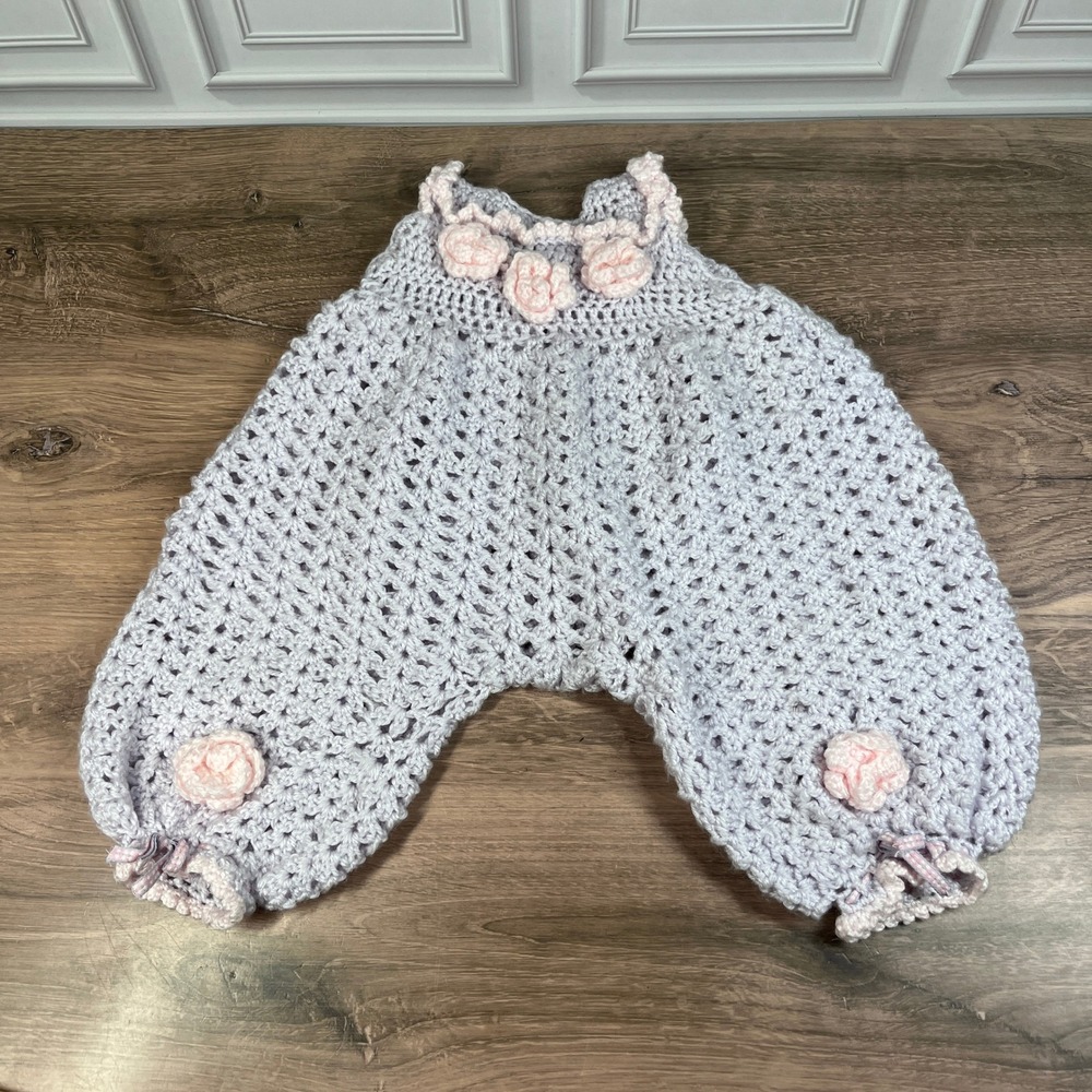 Vintage Handmade Crochet Floral Romper Baby Girl 6-9M Lavender Pink Rosette